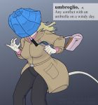  2020 anthro blonde_hair clothed clothing coat cybercorn_entropic cynthia_boggs definition english_text female fully_clothed fur grey_background hair mammal mouse murid murine purse rodent simple_background sniglets solo text topwear umbrella white_body white_fur wind 