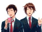  2boys :d ^_^ annoyed bangs blazer blue_jacket brown_eyes brown_hair closed_eyes collared_shirt commentary dated_commentary drinking_straw facing_viewer hair_between_eyes holding jacket juice_box kita_high_school_uniform koizumi_itsuki kyon looking_to_the_side loose_necktie male_focus multiple_boys necktie open_mouth red_neckwear sayshownen school_uniform shirt short_hair simple_background smile suzumiya_haruhi_no_yuuutsu upper_body v-shaped_eyebrows white_background white_shirt 