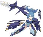  1girl alice_gear_aegis blue_hair elbow_gloves english_commentary gloves holding holding_sword holding_weapon mecha_musume parted_lips pinakes ponytail purple_eyes shorts simple_background solo sword takanashi_rei weapon 
