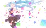  1girl absurdres aqua_hair armpits bare_shoulders black_legwear black_neckwear black_skirt blurry blurry_background closed_eyes commentary confetti cowboy_shot hair_ornament hatsune_miku highres leg_up long_hair miniskirt multicolored_shirt necktie open_mouth outstretched_arms pleated_skirt scrunchie shirt skirt sleeveless sleeveless_shirt smile solo tell_your_world_(vocaloid) thighhighs twintails very_long_hair vocaloid white_background wrist_scrunchie yuzuha_wasa zettai_ryouiki 