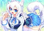  1girl :d absurdres animal_ear_fluff animal_ears aqua_nails blue_eyes blue_skirt breasts buttons center_frills eyebrows_visible_through_hair fangs fingernails frills hair_between_eyes heart highres ifelt_(tamaki_zutama) indie_virtual_youtuber large_breasts long_sleeves looking_at_viewer lumi_(merryweather) nail_polish open_mouth sharp_fingernails skirt smile solo tail thighhighs virtual_youtuber white_hair white_legwear wolf_ears wolf_girl wolf_tail 