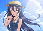  1girl arm_up bangs bare_shoulders blue_hair blush cloud commentary_request day hair_between_eyes hat long_hair looking_at_viewer love_live! love_live!_school_idol_project open_mouth sky solo sonoda_umi straw_hat sweat yanekawara yellow_eyes 