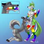  2020 absurd_res anthro armwear balls black_claws black_eyebrows black_nose canid canine canis claws clothed clothing digital_media_(artwork) domestic_dog duo erection eyebrows fellatio fidget_the_fox fox fur genitals green_body green_eyes green_fur hair hi_res husky inner_ear_fluff internal knotting larryfox male male/male male_penetrated male_penetrating male_penetrating_male mammal multicolored_armwear multicolored_clothing multicolored_penis nordic_sled_dog nude open_mouth oral oral_knotting penetration penile penis rainbow_armwear rainbow_clothing rainbow_penis rainbow_thigh_highs sex signature simple_background smile spitz tuft white_body white_fur 