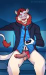  absurd_res anthro body_hair bottomless briefs bulge clothed clothing controller david_wakingnara dress_shirt fangs felid foreskin genitals half-closed_eyes happy_trail hi_res humanoid_genitalia humanoid_penis inner_ear_fluff lion looking_at_viewer male mammal mane narrowed_eyes necktie pantherine pants_down partially_clothed penis poking_out red_clothing red_underwear remote_control shirt sitting solo suit tail_tuft thekinkybear topwear tuft uncut underwear wardrobe_malfunction 