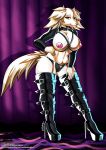  absurd_res anthro artofthediscipline big_breasts breasts canid canine canis domestic_dog female fur hi_res hunting_dog latex_legwear looking_at_viewer mammal nipples nude rubber saluki sighthound simple_background smile solo straps 