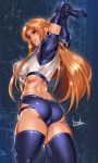  1girl artist_name ass asuna_(sao) blonde_hair bowalia braid breasts brown_eyes buruma cameltoe commentary_request commission covered_nipples from_side gym_shirt large_breasts lips long_hair orange_hair parted_lips shirt signature sword_art_online thighhighs thighs toned 