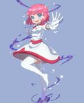  1girl absurdres blue_background blue_eyes borrowed_character dress english_commentary gloves highres leg_up looking_at_viewer open_hands open_mouth original pink_hair rising_(risingacetrainer) short_hair solo thighhighs white_dress white_gloves 