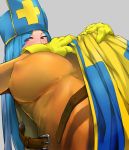  1girl aqua_hair bakkanki blush bodysuit breasts covered_nipples cross dragon_quest dragon_quest_iii gloves hat large_breasts long_hair looking_at_viewer mitre orange_bodysuit priest_(dq3) red_eyes simple_background skin_tight solo tabard 