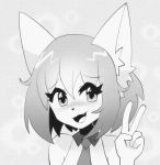 anthro big_ears black_nose blush bob_cut canid canine canis clothed clothing digital_media_(artwork) ear_tuft eyebrows fangs female fur gesture greene greyscale headshot_portrait hi_res kemono looking_away mammal monochrome necktie open_mouth portrait simple_background solo tuft v_sign white_body white_fur wolf wolfychu 