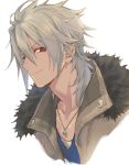  1boy buckle closed_mouth coat crow_armbrust eiyuu_densetsu fur_trim hair_between_eyes isa_(peien516) jewelry looking_at_viewer male_focus necklace pendant red_eyes sen_no_kiseki shirt silver_hair simple_background solo upper_body vest 