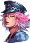  1girl alternate_costume aqua_eyes blue_shirt cropped_torso eyelashes face final_fight hankuri hat lips lipstick long_hair looking_at_viewer makeup open_mouth peaked_cap pink_hair poison_(final_fight) police police_badge police_hat police_uniform policewoman shirt solo spiked_hair street_fighter street_fighter_v uniform upper_teeth white_background 