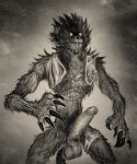  2020 anthro balls baring_teeth beast_(bloodborne) big_penis bloodborne bodily_fluids canid canine claws clothing daftpatriot empty_eyes erection fangs fromsoftware genitals hi_res humanoid_genitalia humanoid_penis male mammal monochrome penis saliva sharp_teeth solo sony_corporation sony_interactive_entertainment standing teeth torn_clothing video_games were werecanid werecanine werewolf 