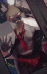  aggressive_retsuko anthro belt black_body black_fur blush breath brown_body brown_fur clothed clothing crotch_grab duo faceless_male fangs fondling fur grabbing_from_behind grope groping_from_behind haida hand_in_underwear hat headgear headwear hi_res hyaenid inside_train k0bit0wani male male/male mammal muscular necktie nipples on_glass open_clothing open_shirt open_topwear panting public_transportation sanrio shirt spots spotted_body spotted_fur spotted_hyena topwear train underwear undressing vehicle 