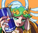  1girl absurdres can english_commentary green_eyes green_hair hand_up highres holding holding_can kid_icarus kid_icarus_uprising orange_background palutena pov red_bull rising_(risingacetrainer) shadow solo 