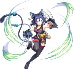  1girl animal_ears aqua_eyes artist_request ayakashi_rumble! bell blue_hair breasts cat_ears cat_girl cat_tail claw_(weapon) earrings japanese_clothes jewelry large_breasts looking_at_viewer mole mole_under_eye multiple_tails nekomata official_art rin_(ayakashi_rumble!) sandals short_hair slit_pupils solo tail thighhighs transparent_background weapon 