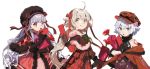  3girls ahoge alternate_costume bell belt bow capelet carnation facial_scar fate/grand_order fate_(series) flower gloves hat highres jack_the_ripper_(fate/apocrypha) jeanne_d&#039;arc_(fate)_(all) jeanne_d&#039;arc_alter_santa_lily ka_4maki long_hair multiple_girls nursery_rhyme_(fate/extra) scar shoulder_tattoo smile tattoo white_background 
