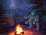  anthro canid canine canis conditional_dnp danza detailed_background domestic_dog exploring fire fur hiking husky landscape male mammal mountain night nordic_sled_dog patreon sitting sky snow solo spitz star starry_sky tent text tree url 