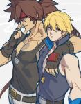  arm_over_shoulder bandana blonde_hair blue_eyes brown_hair fingerless_gloves gloves guilty_gear guilty_gear_strive highres ky_kiske long_hair looking_at_viewer multiple_boys muscle short_hair smoking sol_badguy uncle_rabbit_ii 