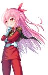  1girl absurdres bangs bettle_(b_s_a_n) black_capelet breasts capelet char_aznable char_aznable_(cosplay) cosplay gloves grin hair_ribbon hand_on_own_chin highres himekuma_ribon jacket long_hair pants pink_hair pixel_art re:act red_eyes red_jacket red_pants ribbon sidelocks small_breasts smile transparent_background virtual_youtuber white_gloves 