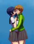 2girls absurdres blue_eyes blue_hair blush brown_eyes brown_hair commission commissioner_upload eye_contact from_side green_jacket highres implied_kiss jacket kiss looking_at_another m-a-v-e-r-i-c-k multiple_girls persona persona_4 satonaka_chie shirogane_naoto short_hair skirt yuri 