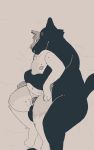  2020 akita anthro balls belly black_body black_fur canid canine canis chastity_cage chastity_device digital_drawing_(artwork) digital_media_(artwork) domestic_dog fur genitals hi_res male male/male mammal multicolored_body multicolored_fur nipples nude pawpadpup roussilon simple_background size_difference spitz valencia_(pawpadpup) wolf 