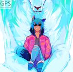  2020 ambiguous_gender anthro blue_body blue_fur blue_hair brand_new_animal brown_body brown_fur canid canine canis clothed clothing eyewear fangs female feral fluffy fluffy_tail fur hair hi_res mammal michiru_kagemori multicolored_body multicolored_fur polinagribova raccoon_dog shirou_ogami short_hair sitting smile sparkles studio_trigger sunglasses tanuki topwear wolf 