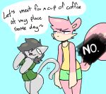  2020 :3 anthro black_eyes blue_eyes blush bottomless bottomwear cain_(neko3240) clothed clothing dialogue domestic_cat duo english_text felid feline felis fist fur green_bottomwear green_clothing green_shirt green_shorts green_topwear grey_body grey_fur grey_hair hair hi_res larger_male looking_at_another male mammal neko3240 open_mouth pink_hair raised_arm rodent sciurid shirt shorts size_difference smaller_male speech_bubble standing tailwag text topwear tree_squirrel yellow_tank_top 