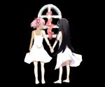  2girls akemi_homura arm_at_side armpit_peek bare_arms bare_legs bare_shoulders barefoot black_background black_hair black_hairband bound closed_mouth cuts dark_background dress facing_away from_behind full_body hair_over_eyes hair_over_face hair_ribbon hairband hanyae holding_hands injury kaname_madoka light_smile long_dress long_hair looking_at_another mahou_shoujo_madoka_magica mahou_shoujo_madoka_magica_movie minimalism multiple_girls nape pink_hair pink_ribbon profile red_ribbon ribbon shaded_face shiny shiny_hair short_dress shoulder_blades side-by-side simple_background standing straight_hair tied_up twintails white_dress window 