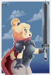  animal_crossing anthro armor berserk bottomwear canid canine canis clothing cloud colored digital_media_(artwork) domestic_dog female gloves handwear hi_res isabelle_(animal_crossing) mammal melee_weapon nintendo panthera_cantus pants scarf shoulder_pads solo sword video_games weapon 