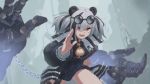  1girl absurdres animal_ears arknights breasts china_dress chinese_clothes cleavage cleavage_cutout clothing_cutout dress einheadt eyewear_on_head fang feater_(arknights) fighting_stance grey_hair highres mechanical_arms multicolored_hair panda_ears rain red_eyes streaked_hair sunglasses twintails 