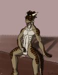  absurd_res anthro argonian balls bethesda_softworks bodily_fluids brown_body brown_feathers brown_scales cum cumshot ejaculation erection feathers genital_fluids genitals green_eyes hi_res horn humanoid_genitalia humanoid_penis javill looking_pleasured male masturbation navel open_mouth orgasm orgasm_face penis reptile scales scalie sitting solo taraelblackwing the_elder_scrolls tongue tongue_out video_games 