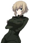  1girl absurdres aikir_(jml5160) bangs black_gloves blonde_hair blue_eyes closed_mouth commentary crossed_arms dutch_angle eyebrows_visible_through_hair girls_und_panzer glaring gloves green_jumpsuit highres insignia jumpsuit katyusha_(girls_und_panzer) light_frown looking_at_viewer older pravda_military_uniform short_hair simple_background solo standing white_background 