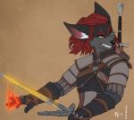  5_fingers anthro black_body black_fur black_nose canid canine eyebrows eyelashes fingers fluff-kevlar fur geralt_of_rivia hair heterochromia holding_object holding_sword holding_weapon male mammal melee_weapon nytro red_hair solo sword teeth the_witcher weapon 