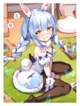  1girl :d anger_vein animal_ear_fluff animal_ears arm_garter bangs bare_shoulders between_legs black_gloves black_legwear black_leotard blue_hair blush bow braid brat breasts carrot_hair_ornament cleavage commentary_request crying crying_with_eyes_open dart dress eyelashes food-themed_hair_ornament full_body fur-trimmed_dress fur-trimmed_gloves fur_scarf fur_trim gloves hair_ornament hair_ribbon hand_between_legs hands_on_ground highres hololive leotard long_hair looking_at_viewer medium_breasts multicolored_hair open_mouth pantyhose rabbit_ears rabbit_tail red_eyes ribbon signature sitting smile solo spoken_anger_vein spoken_sweatdrop strapless strapless_dress streaked_hair sweatdrop tail tatami tears thick_eyebrows thigh_strap tress_ribbon twin_braids twintails two-tone_hair usada_pekora virtual_youtuber wariza white_bow white_dress white_hair 