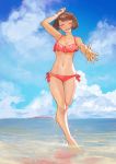  1girl akaneko_(redakanekocat) arm_up barefoot bikini breasts brown_hair closed_eyes cloud day facing_viewer full_body highres navel outdoors outstretched_hand pixiv_fantasia pixiv_fantasia_last_saga red_bikini rudia_of_the_moon_smile short_hair small_breasts smile standing swimsuit white_wristband 