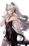  1girl 9degree absurdres alternate_costume animal_ears arknights black_dress breasts cleavage contrapposto cowboy_shot dress finger_to_mouth grey_hair hair_between_eyes highres long_dress long_hair medium_breasts parted_lips ponytail ribbon schwarz_(arknights) side_slit sketch solo strap_slip tail thigh_ribbon v-neck very_long_hair yellow_eyes 