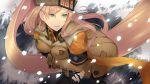  1girl ass bangs black_gloves blonde_hair blue_eyes breasts brown_headwear collar collared_shirt fingerless_gloves from_above fur_hat gloves guilty_gear guilty_gear_strive hat highres ippo jacket long_hair medium_breasts millia_rage parted_lips pose shirt smile snow solo ushanka very_long_hair 