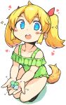  1girl :o bachera bangs bare_shoulders blonde_hair blue_eyes blush_stickers casual_one-piece_swimsuit collarbone colored_shadow copyright_request dog_tail eyebrows_visible_through_hair frilled_swimsuit frills full_body green_swimsuit hair_between_eyes hair_ribbon highres holding looking_at_viewer off-shoulder_swimsuit one-piece_swimsuit open_mouth red_ribbon ribbon shadow solo sparkle squatting swimsuit tail twintails upper_teeth white_background 