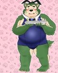  2020 4:5 anthro belly blush canid canine canis clothed clothing domestic_dog fur green_body green_fur hi_res humanoid_hands kemono live-a-hero male mammal mokdai overweight overweight_male video_games yaki_atsuage 