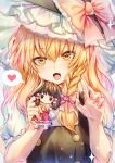  1girl arms_up black_headwear black_vest blonde_hair bow braid character_doll claw_pose doll eyebrows_visible_through_hair fang hair_between_eyes hair_ribbon hakurei_reimu hat hat_bow head_tilt heart here_(hr_rz_ggg) highres holding holding_doll kirisame_marisa long_hair open_mouth puffy_short_sleeves puffy_sleeves ribbon shirt short_sleeves single_braid solo sparkle spoken_heart standing touhou tress_ribbon upper_body very_long_hair vest white_shirt yellow_eyes 