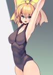  1girl arms_up bangs blonde_hair blue_eyes bow breasts eyebrows_visible_through_hair grey_background hair_between_eyes hair_bow looking_at_viewer masao medium_breasts one-piece_swimsuit open_mouth original school_swimsuit short_hair simple_background solo standing swimsuit yellow_bow 