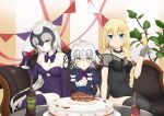  3girls absurdres ahoge anniversary bare_shoulders black_dress black_gloves black_legwear blonde_hair blue_eyes blush bottle bow braid breasts cake champagne_flute collarbone commentary_request couch cup dress drinking_glass elbow_gloves fate/grand_order fate_(series) food gloves headpiece highres jeanne_d&#039;arc_(alter)_(fate) jeanne_d&#039;arc_(fate) jeanne_d&#039;arc_(fate)_(all) jeanne_d&#039;arc_alter_santa_lily long_hair looking_at_viewer medium_breasts multiple_girls pale_skin purple_bow purple_dress purple_gloves purple_legwear purple_ribbon ribbon silver_hair single_braid sitting smile sparkling_eyes table thighhighs very_long_hair wine_bottle wine_glass yellow_eyes yukipoyogorira 