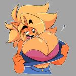  1:1 activision anthro bandicoot big_breasts blonde_hair bra breasts button_(fastener) button_pop cleavage clothed clothing coco_bandicoot colacoot crash_bandicoot_(series) eyebrow_through_hair eyebrows female green_eyes grey_background hair half-length_portrait huge_breasts mammal marsupial midriff open_mouth portrait presenting presenting_breasts simple_background solo tan_body translucent translucent_hair underwear video_games 