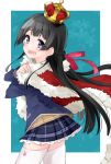  1girl :d birthday black_hair blue_eyes blue_jacket blue_skirt blush box braid c cake capelet crown eyebrows_visible_through_hair food french_braid fruit fur-trimmed_capelet fur_trim hair_ornament hairclip highres jacket long_hair looking_at_viewer mini_crown myama nijisanji open_mouth open_mouthplaid plaid plaid_skirt purple_eyes red_capelet school_uniform skirt smile solo strawberry thighhighs tsukino_mito vest white_legwear zettai_ryouiki 