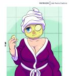  anthro bathrobe breasts cleavage clothed clothing cucumber domestic_pig female food hi_res joaoppereiraus mammal plant robe signature solo suid suina sus_(pig) sylvia_(joaoppereiraus) vegetable 