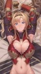 1girl armpits arms_up bangs blonde_hair blue_eyes braid breasts cleavage closed_mouth elbow_gloves gauntlets gloves granblue_fantasy hair_intakes hairband highres large_breasts long_hair looking_at_viewer lying navel on_back red_armor sidelocks smile tekkai_blade twintails zeta_(granblue_fantasy) 
