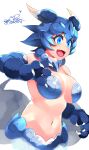  1girl :d bangs bare_shoulders blue_eyes blue_hair breasts claws commentary_request dated eyebrows_visible_through_hair fang hair_between_eyes happa_(cloverppd) highres kemono_friends large_breasts looking_away navel open_mouth paws shiisaa_right short_hair signature simple_background smile solo stomach upper_body white_background 