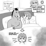  after_sex anthro armpit_hair bed bodily_fluids body_hair bojack_horseman bojack_horseman_(character) cigarette clancy_gilroy crossover dialogue duo equid equine furniture green_eyes hagisawa_yui horse human male male/male mammal monochrome netflix sweat the_midnight_gospel 