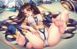  1girl armlet ass bare_shoulders barefoot black_hair blush breasts bridal_gauntlets cleavage crown earrings fate/grand_order fate_(series) feet gavin007 hair_ribbon hoop_earrings ishtar_(fate)_(all) ishtar_(fate/grand_order) jewelry long_hair looking_at_viewer lying navel on_back red_eyes ribbon sexually_suggestive single_thighhigh solo spread_legs thighhighs toeless_legwear toes tongue tongue_out two_side_up 
