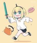  1girl amano_pikamee black_hairband blonde_hair diamond_sword doughnut food hairband highres kettle kukie-nyan minecraft open_mouth running sharp_teeth shirt simple_background smile solo sword teeth virtual_youtuber voms weapon white_shirt yellow_background 